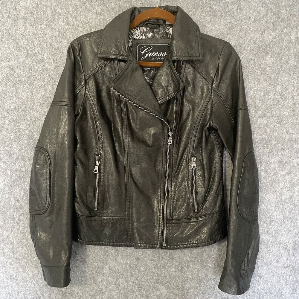 Guess Womens Asymmetrical Black Biker Jacket Medium Fitted Classic Casual Style